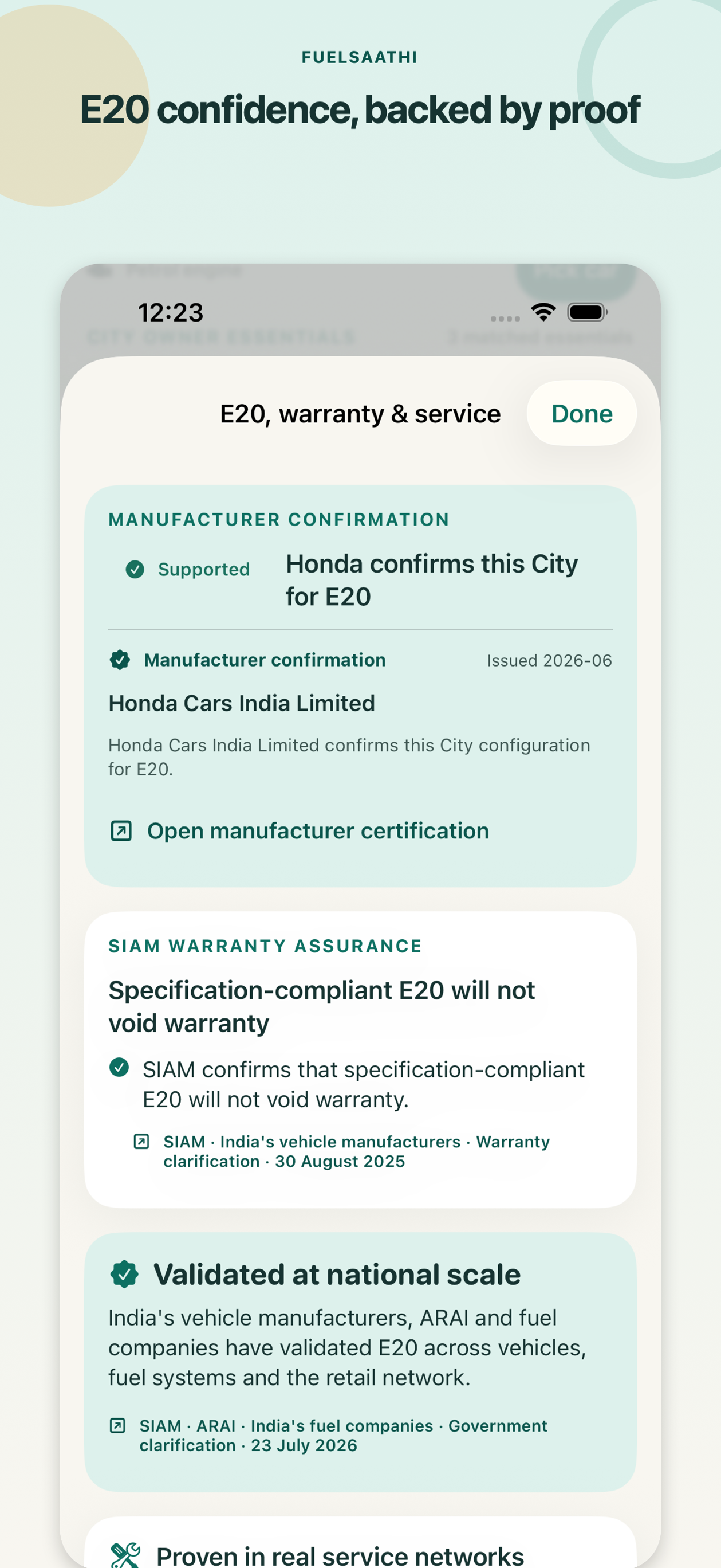 FuelSaathi’s iPhone interface showing manufacturer confirmation and its source link