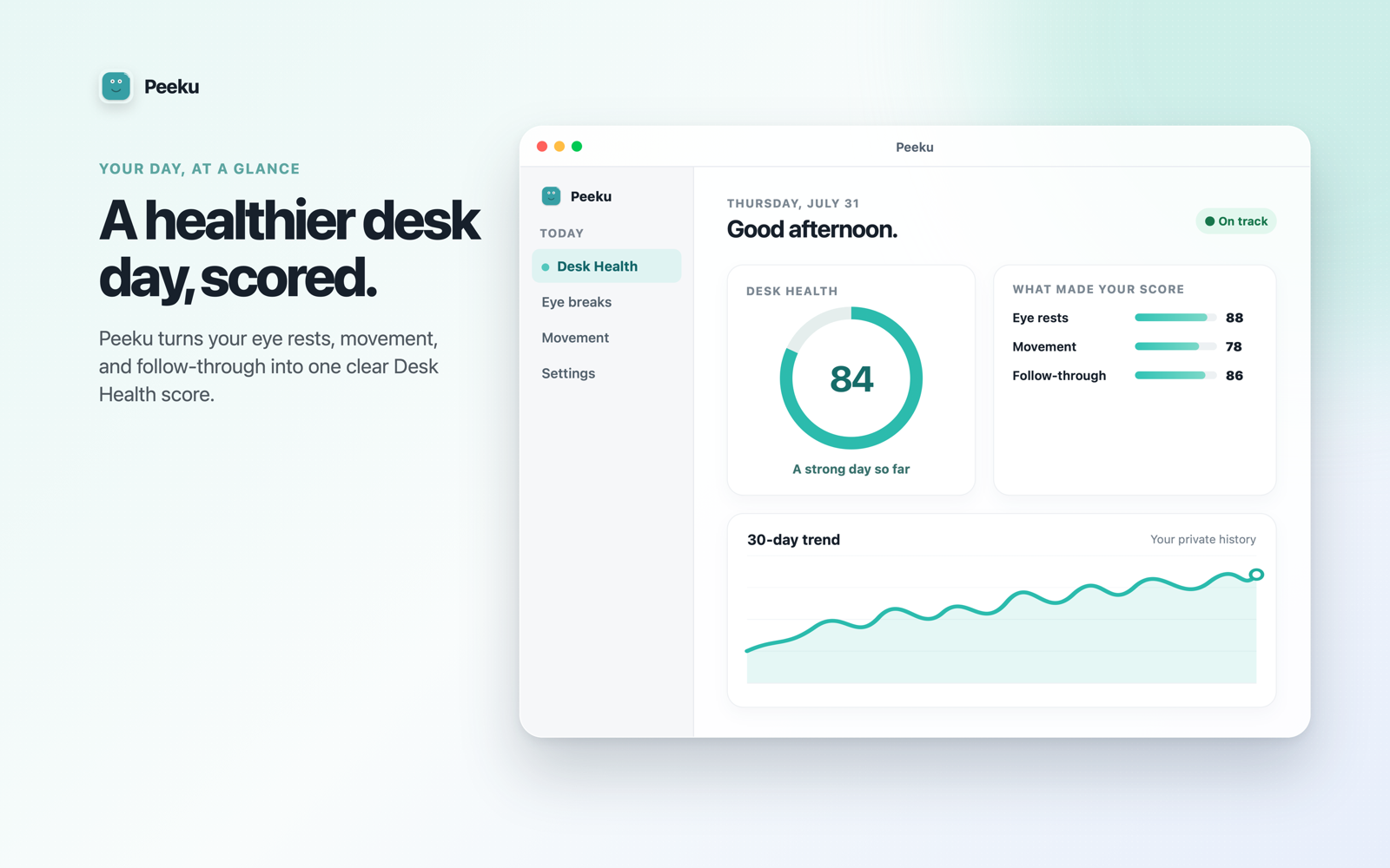 Peeku’s Mac interface showing the Desk Health view